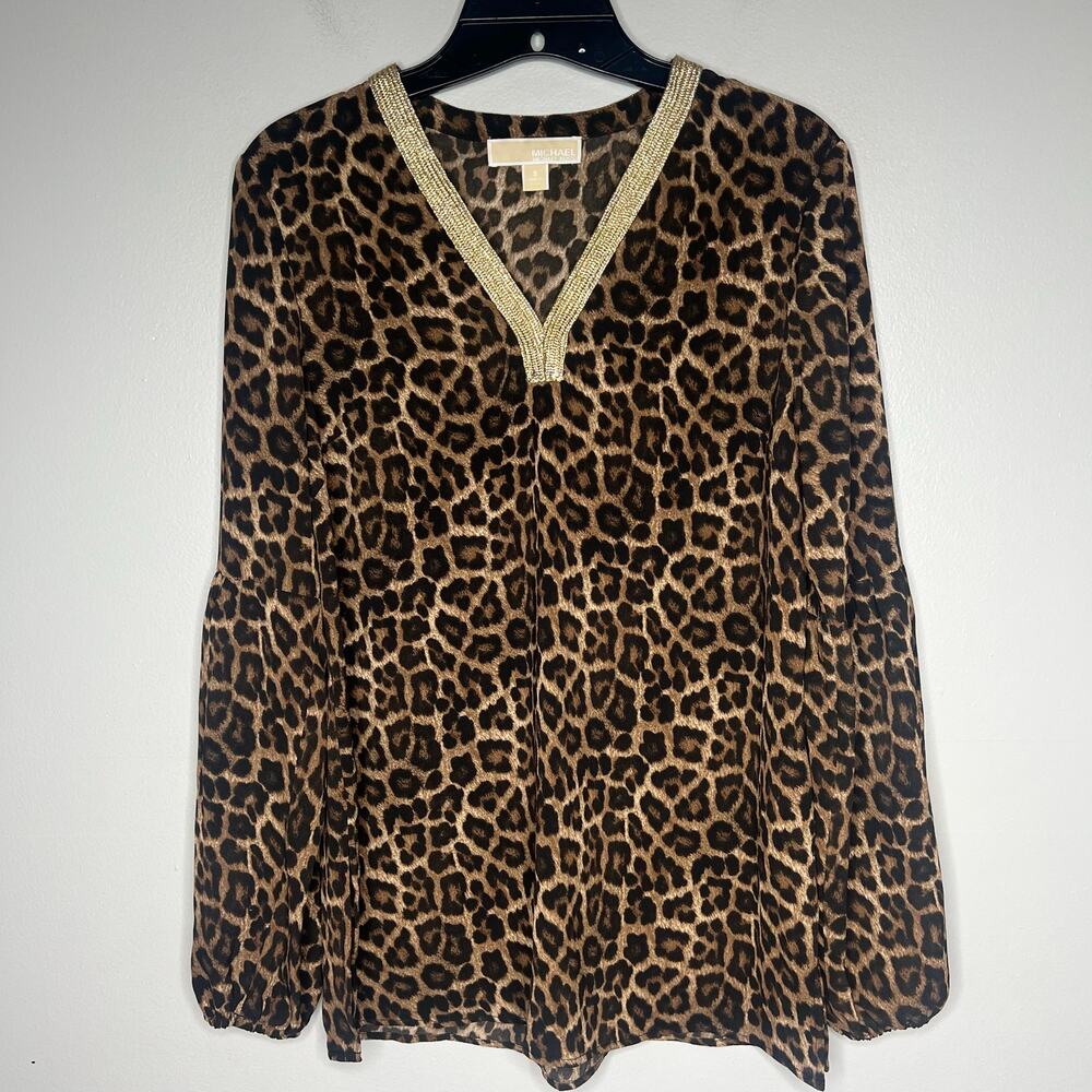 Michael Kors Leopard Print Blouse Gold Metallic Trim V-Neck Long Sleeve Sz S